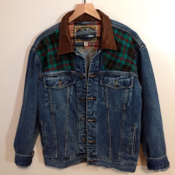 Altered Vintage Jean Jacket with Leather, Plaid - Picture 6 of 8